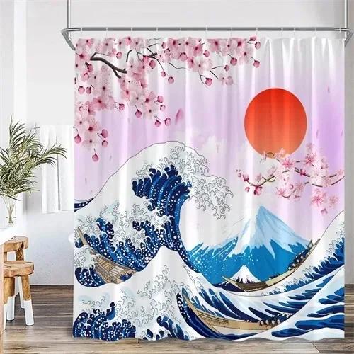 Duschvorhang im japanischen Stil Koi-Fisch Kirschblüte Sonne Meer Welle Oktopus Landschaft Polyesterstoff Vorhänge Badezimmerdeko