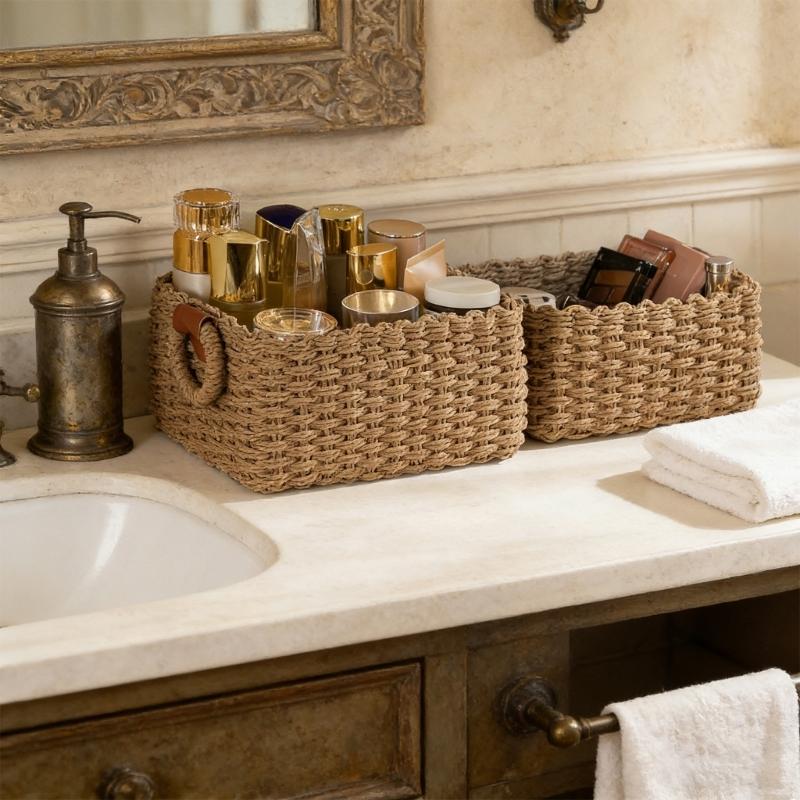 Handwoven Paper Rope Storage Basket Natural Organizers For Home Offices Decoration