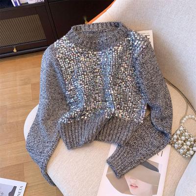 Heavy Industry Sequined Short Round Neck Pullover Knitted Sweater Autumn and Winter New Sweet Temperament Design Sweater