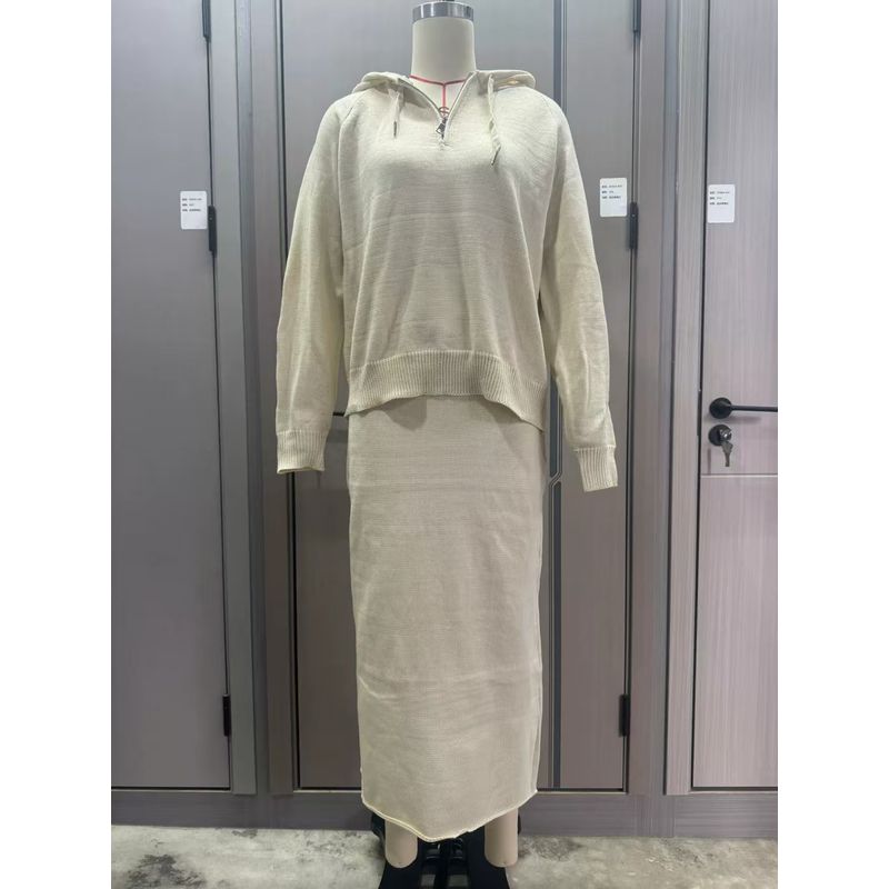 

Модный вязаный свитер с капюшоном и юбка, вязаный комплект с капюшоном и юбкой Beige S