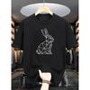 European Size 's Minimalist White T-Shirt with Black&White Geometric Rabbit Line Art - Short Sleeve Round Neck Casual Summer Tee,Low-Poly Rabbit Print