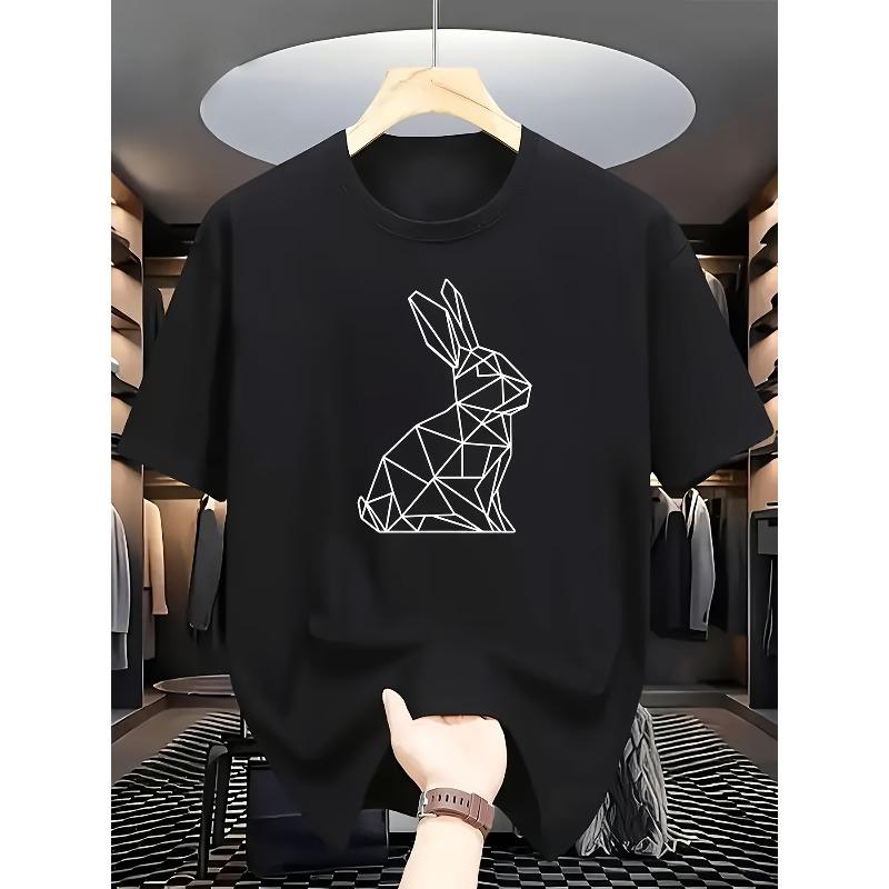 European Size 's Minimalist White T-Shirt with Black&White Geometric Rabbit Line Art - Short Sleeve Round Neck Casual Summer Tee,Low-Poly Rabbit Print
