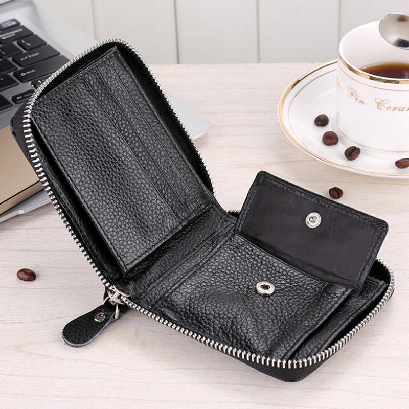 9039 Men's Crazy Horse Leather Bi-Fold Wallet with Zipper Coin Purse, Card Holder, Black.