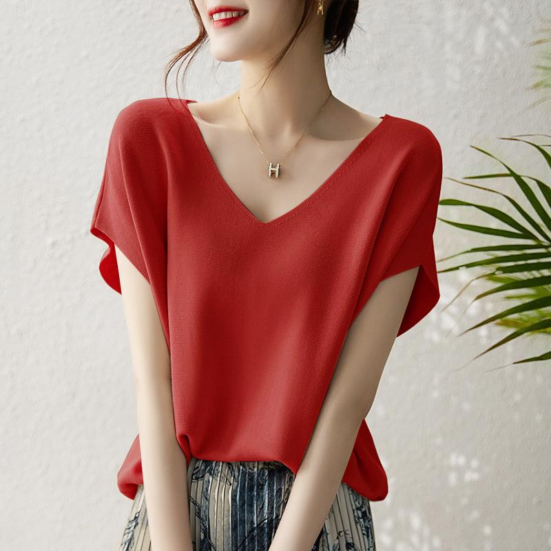 Summer New Thin Fashion Bat Sleeve Casual Loose Knitted Shirt Women Solid Elegant Ice Silk Blouse Women Simple Slim Office Ladies Shirts Tops 26633