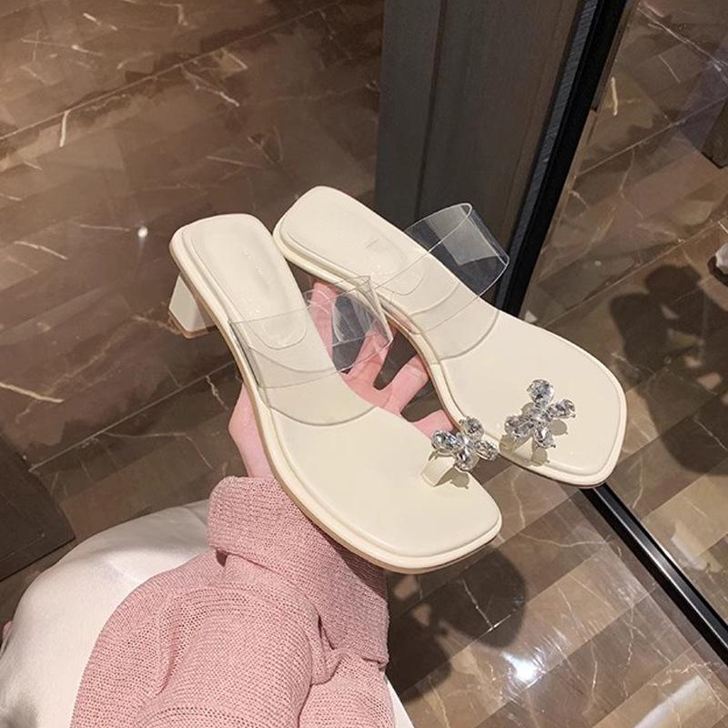 Grape mother, the same fairy character with exquisite butterfly rhinestone temperament square head transparent belt high heels cool slippers woman