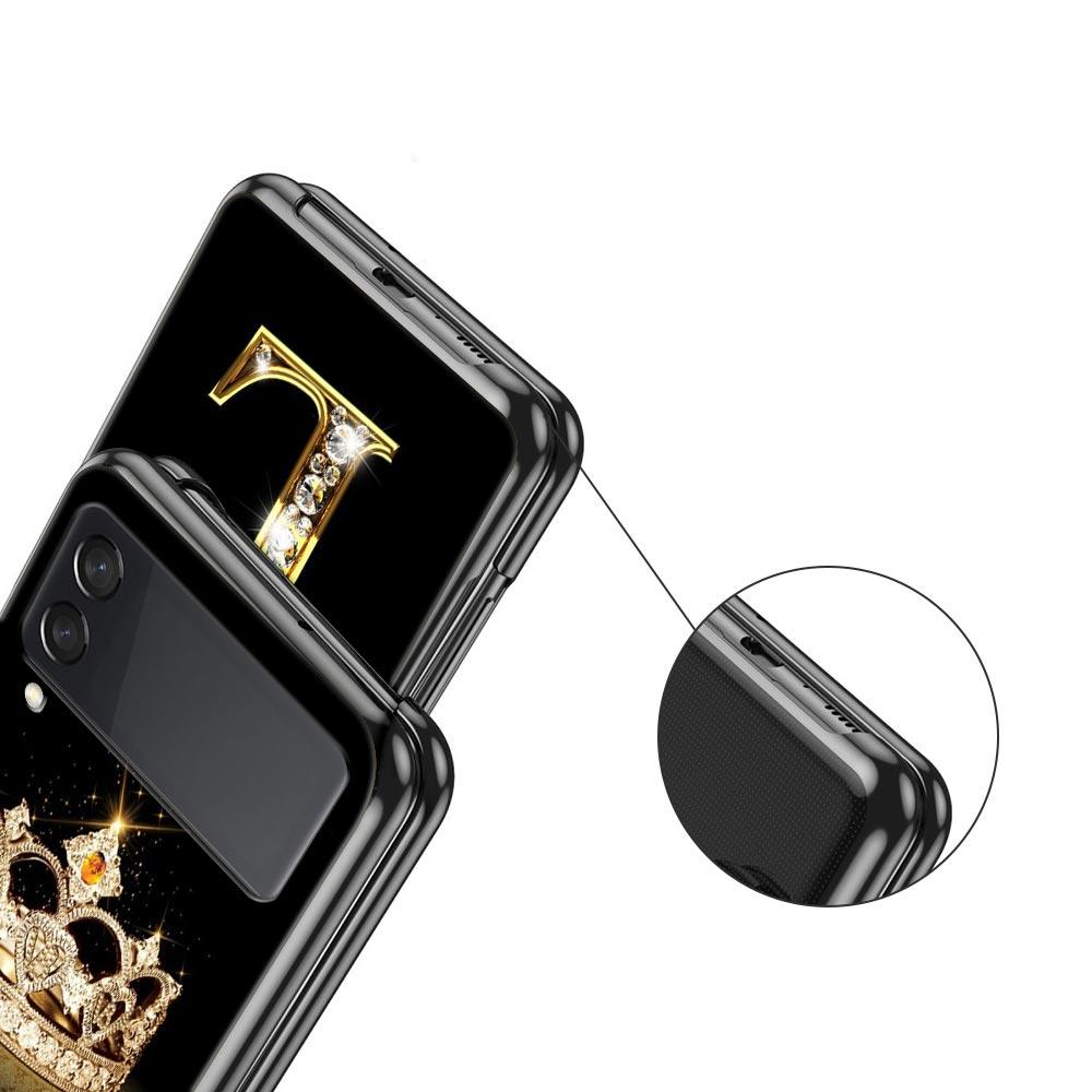 Custodia per Telefono per Samsung Galaxy Z Flip 3 4 5 Pieghevole Guscio Cellulare Duro PC Nero Capa Cover Protettiva Moda Corona di Diamanti Lettera A