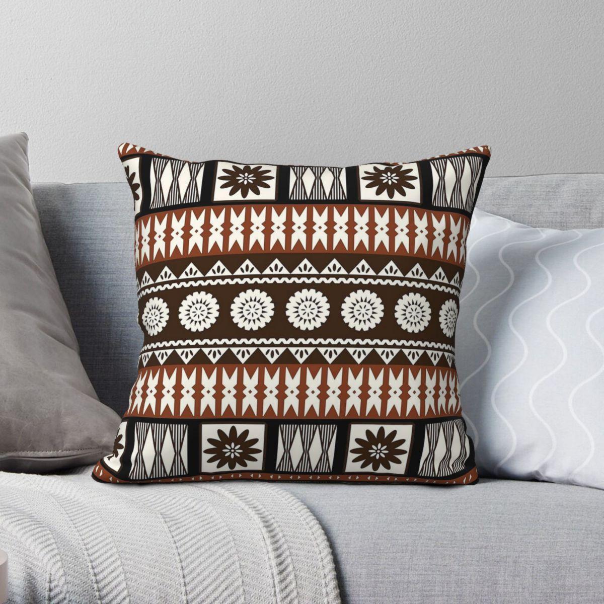 Green Harvest Unisex Fijian Masi Tapa Cloth Square Pillowcase Polyester Linen Velvet Pattern Zip Decorative Pillow Case Home Cushion Case 45X45