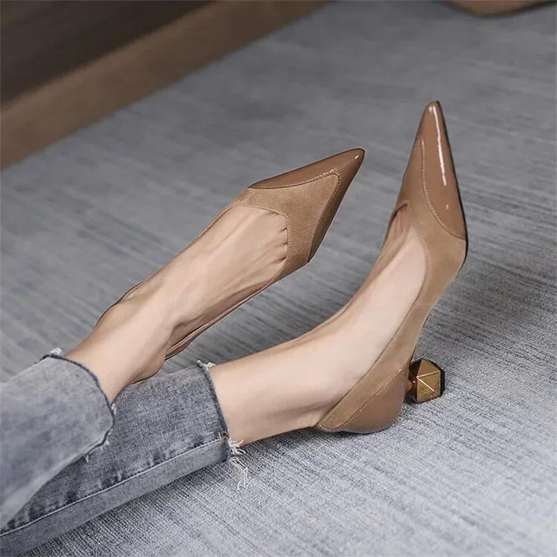 Middle Heel High Heels Women 2025 Spring Autumn Korean Fashion Splicing Pointed Shallow Shaped Heel Thick Single Shoes for Women