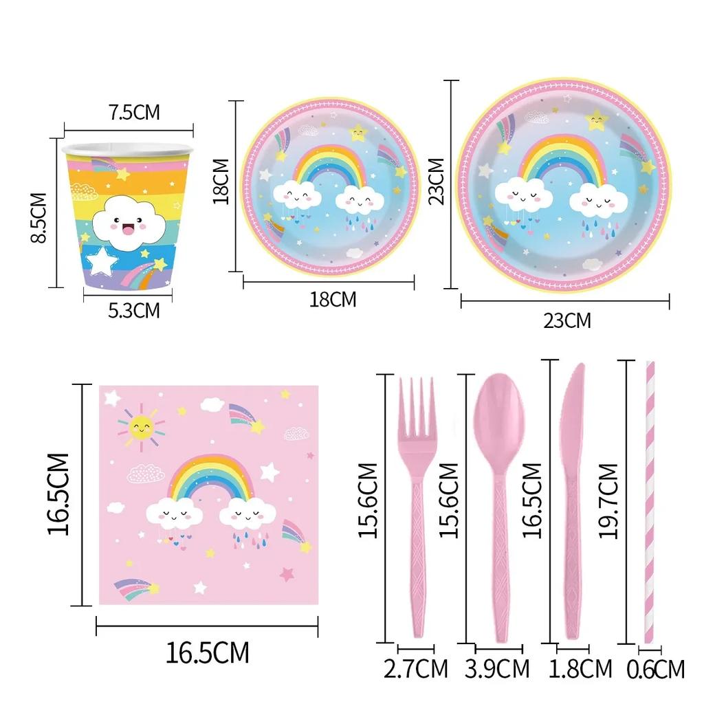 Rainbow Cloud Sun Happy Girls Princess Birthday Party Decor Set with Pink Plates Napkins Disposable Tableware for 10 Guests