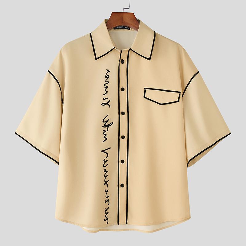 

INCERUN Мужские рубашки оверсайз повседневные с лацканами, с короткими рукавами, с принтом в стиле пэчворк 4XL абрикосовый