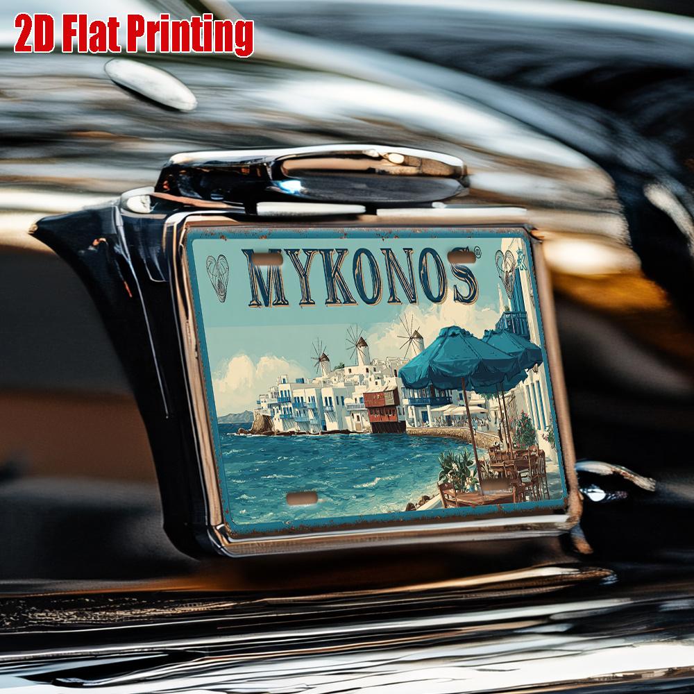 2D Flat 1 Retro Greek Island Mykonos Metal License Plate - Greek Coastal Decor, Suitable for Home, Bar, Cafe, Garage, Office