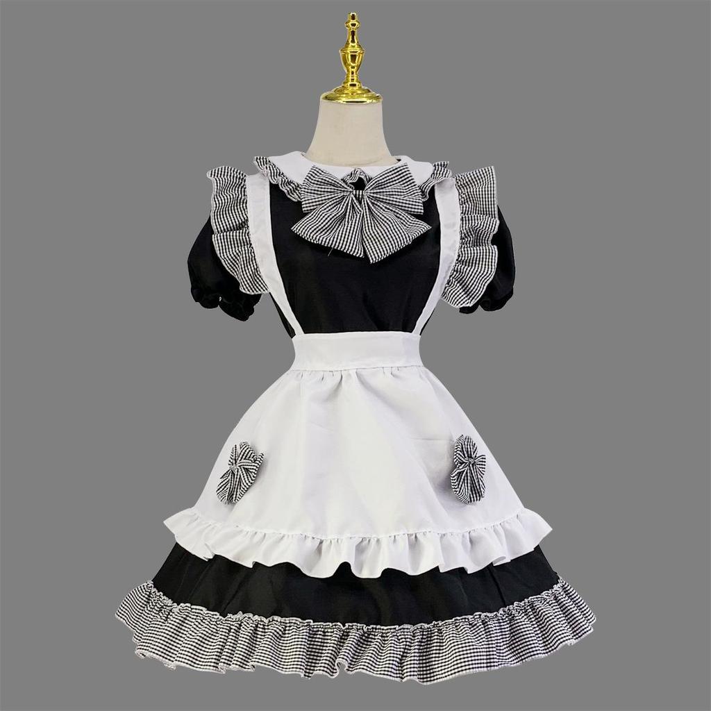 Cosplay Anime 4-Piece Maid Outfit - Cute Black & White Checkered Princess Dress with Bow