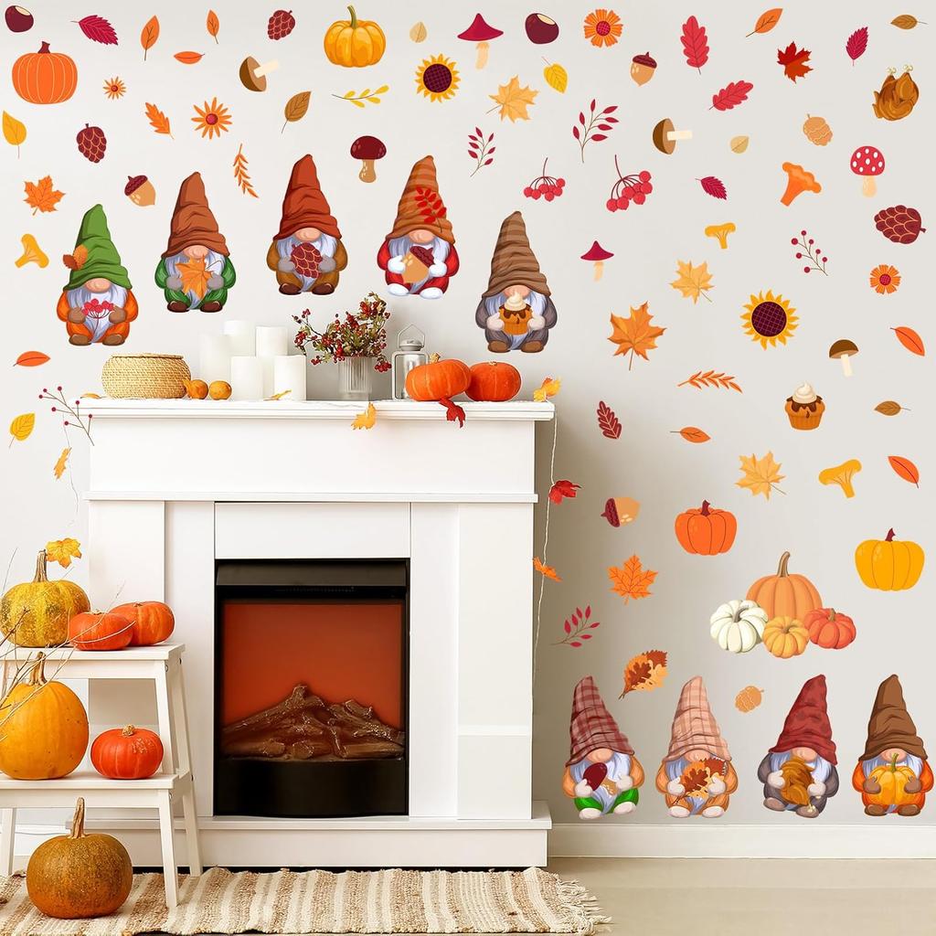 6 Sheets 85 Pcs Thanksgiving Gnome Wall Decals Fall Autumn Harvest Wall Decals Gnome Pumpkin Sunflower Maple Leaves Window Clings for Home Living