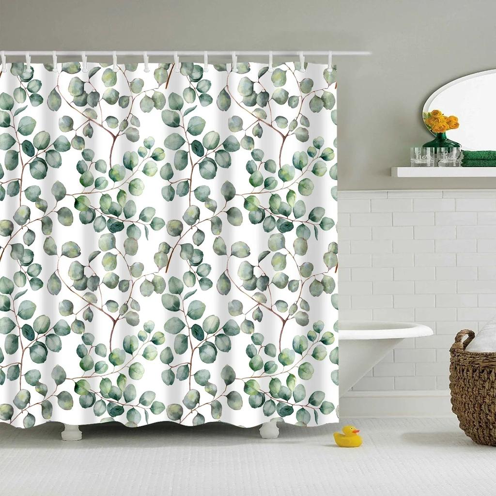 Tropical Green Plant Palm Leaves Bathroom Accessories Set Shower Curtain Bathroom Curtains Waterproof Polyester with Hooks