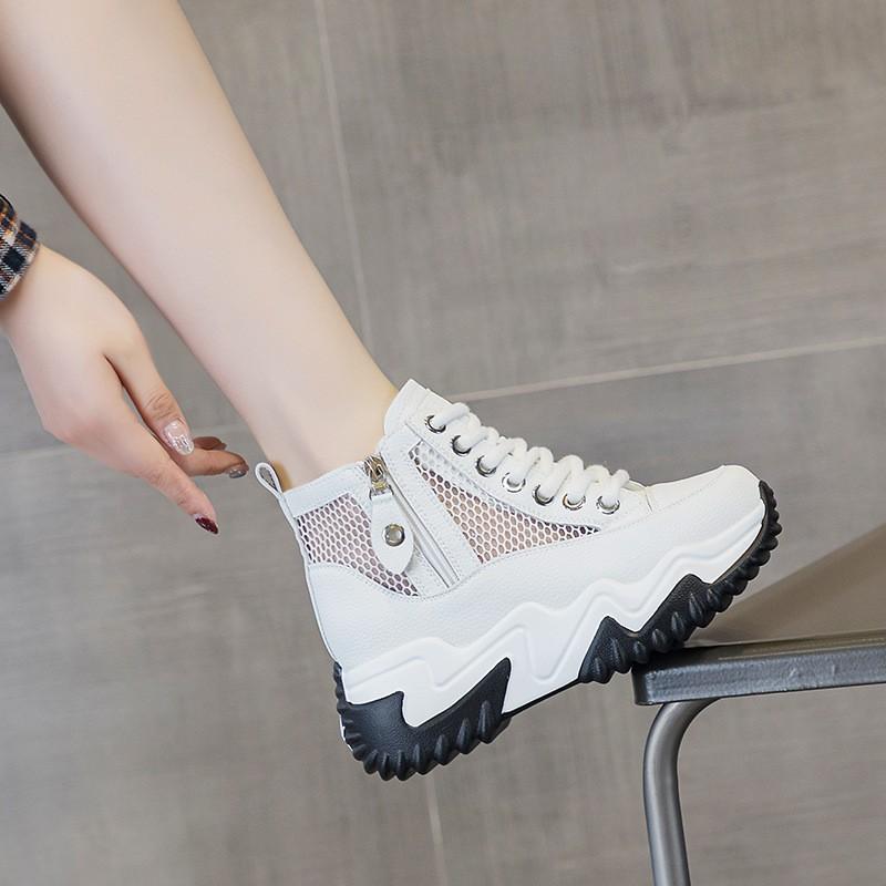 Autumn and winter new thick-soled cm height-increasing casual women's cotton shoes trendy short boots lace-up zipper high-top women's shoes