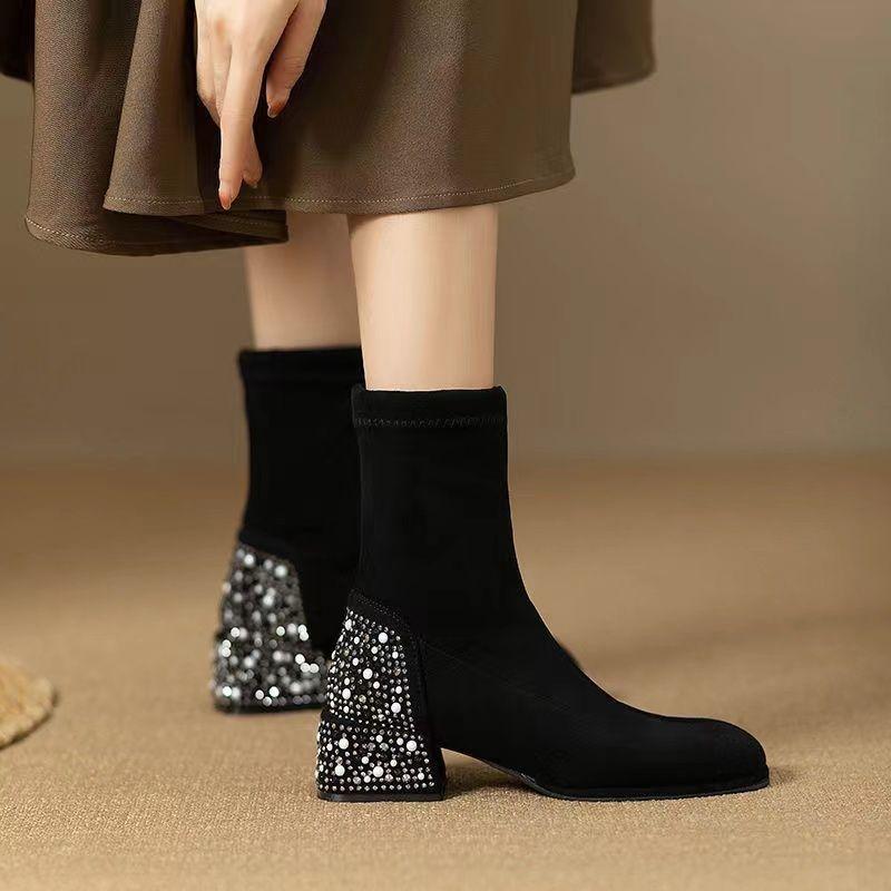 Elegant Pearl Rhinestone Suede Short Boots Versatile Elastic Socks 2025 Autumn and Winter New Elastic Black Round Head Thin Boots