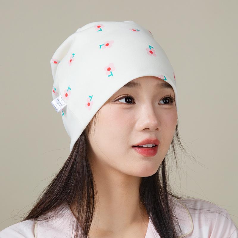 Windproof Double-Layer Postpartum Maternity Hat - Pure Cotton, High Elastic, Hexagonal Design.
