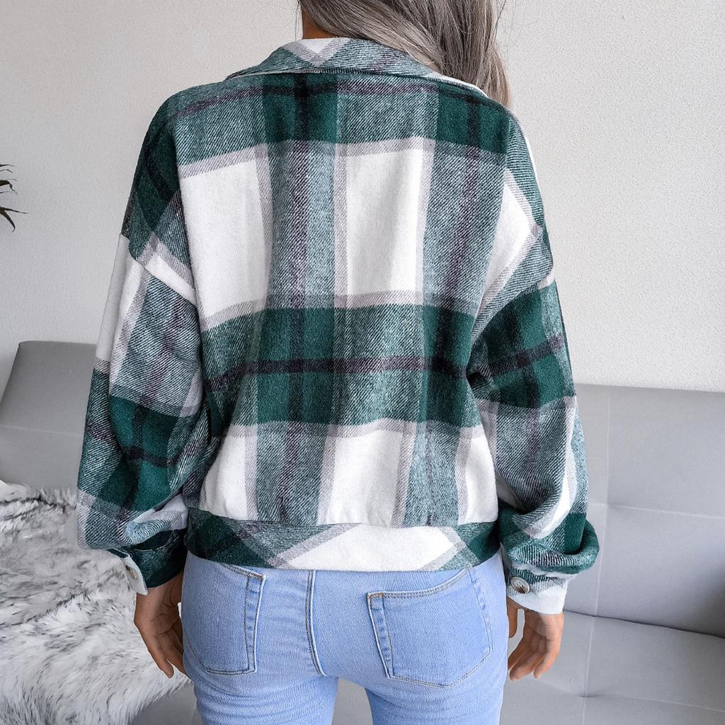 Women's  And Winter  Long-sleeved Woolen Casual Plaid Coat Jacket