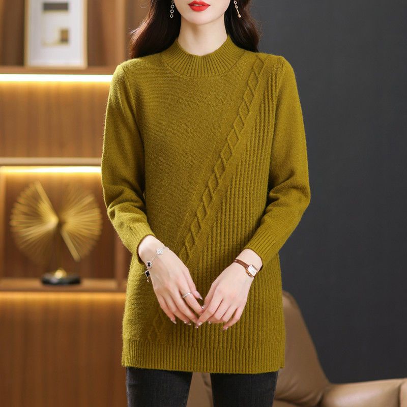 Mid-length Sweater Loose Half Turtleneck Pullover for Women Solid-color Casual Knitted Sweater for Autumn and Winter