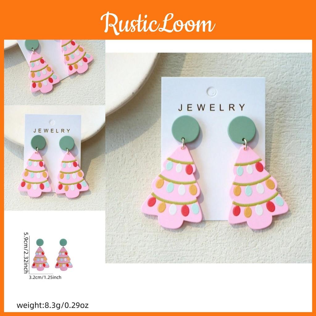 Floral Delightful Geometric Pink Christmas Tree Ear Studs For Celebrations Joyful