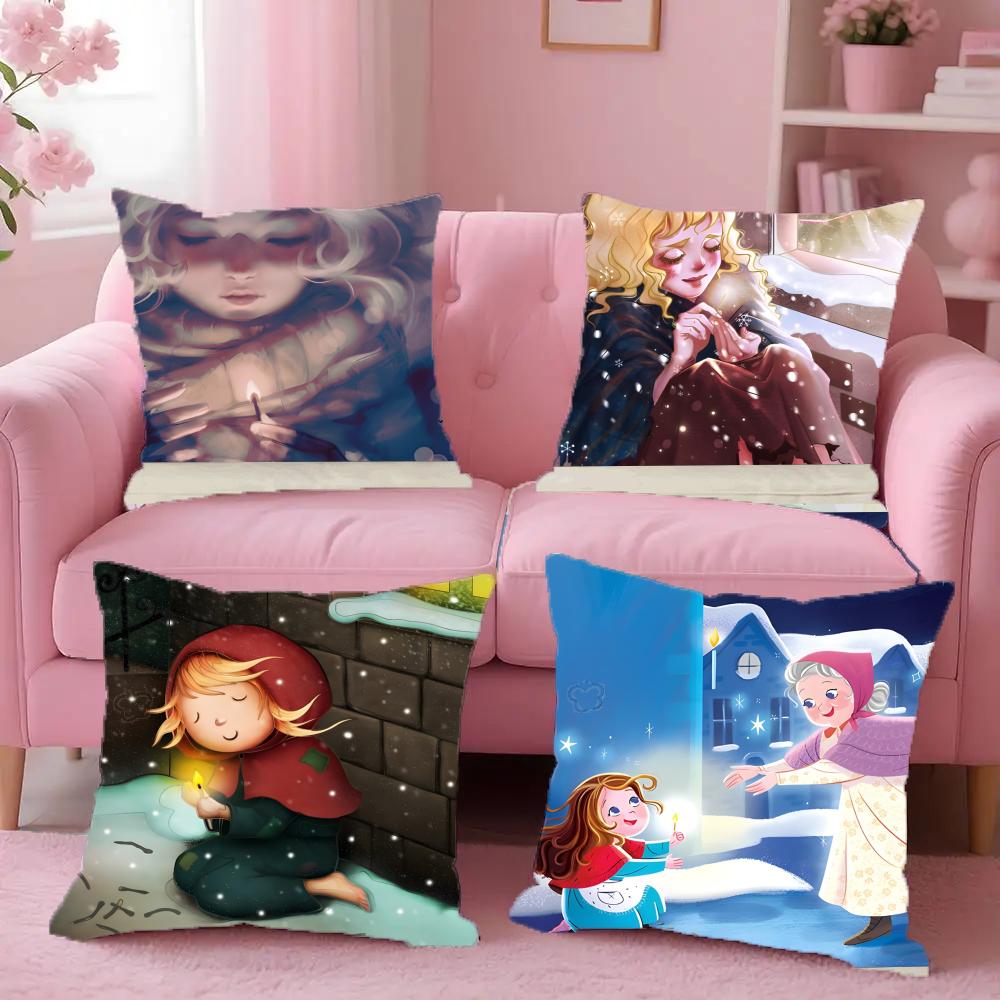 Story The Iittle Match Girl Illustration Art Anti-Dustmite Pillowcase Invisible Zipper Silky Short Plush Sofa Cushion Cover