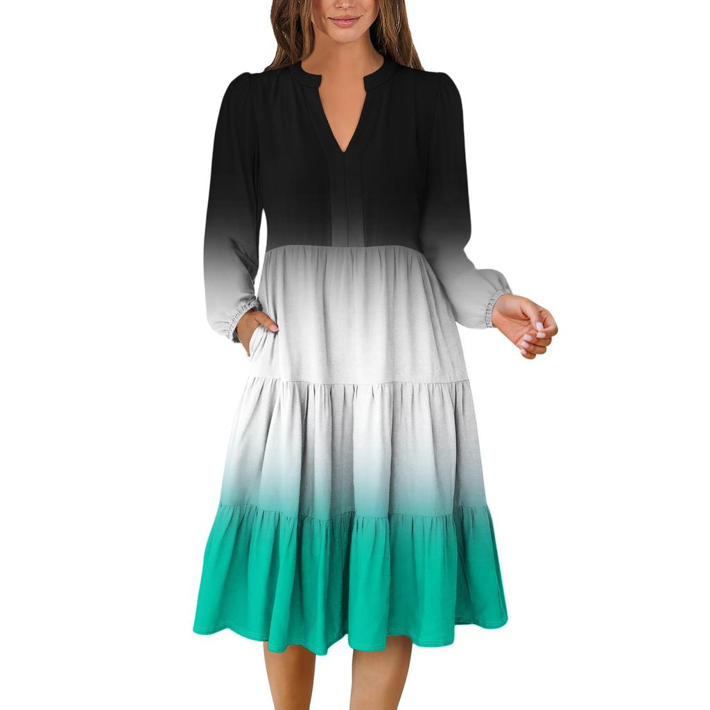 Women's V-Neck Flowing Layered Bohemian Long Sleeve Gradient Print Dress