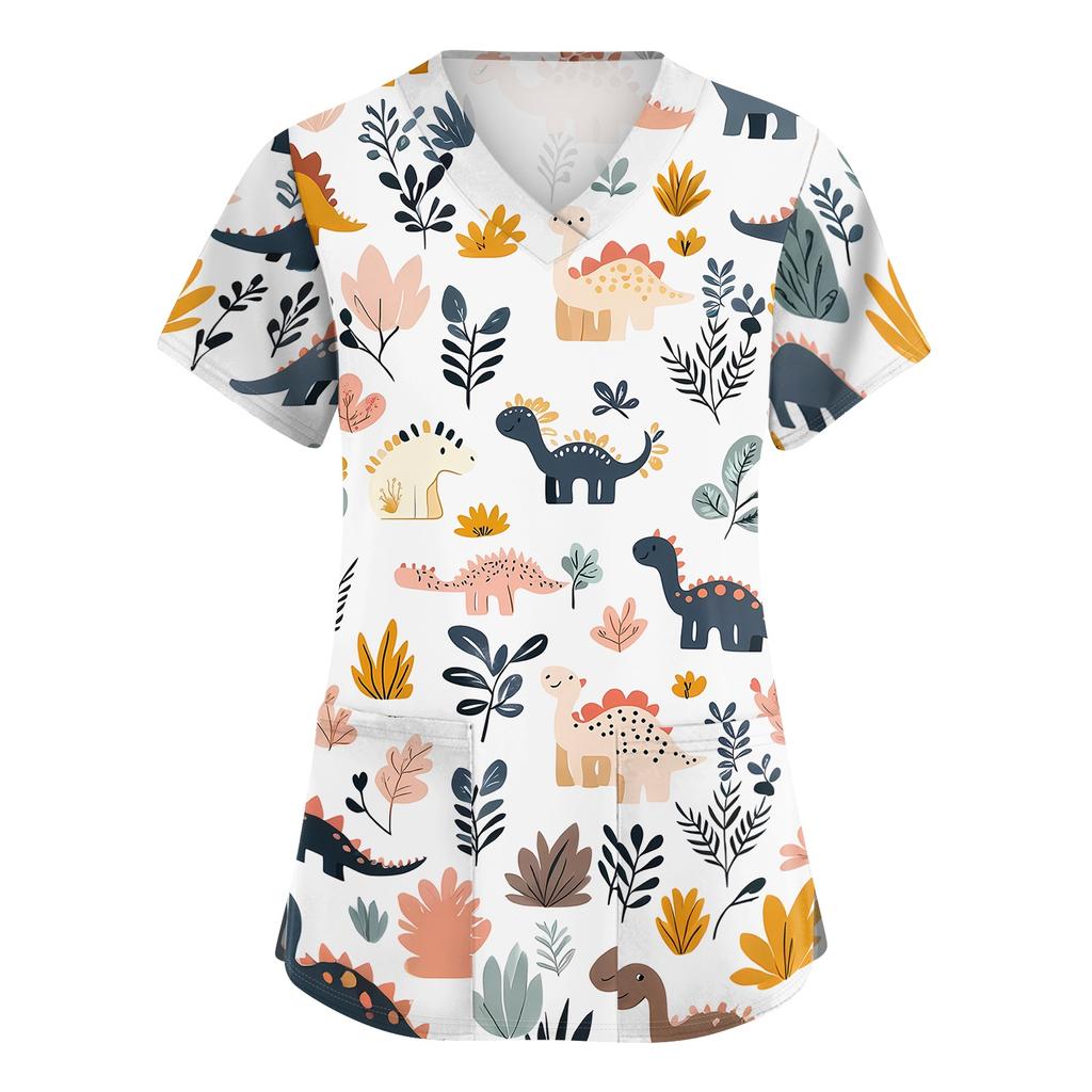 Damen V-Ausschnitt Kurzarm Oberteil mit beidseitigen Schlitzen und Taschen Tierprint Lockere Passform Bequemes Arbeitshemd