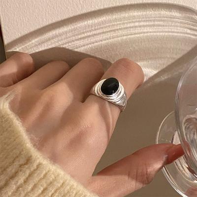 925 Sterling Silver Unique Black Stone Ring For Women Jewelry Finger Adjustable Open Vintage Ring For Party Birthday Gift