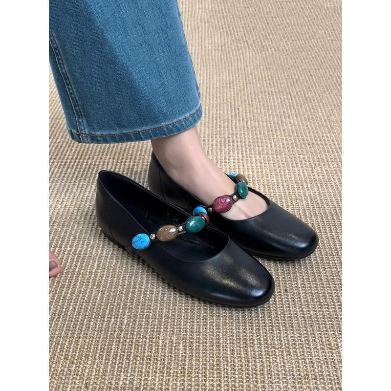 Sheepskin model~ genuine leather retro shallow mouth word with ballet single shoes women's flat commuting Mary Jane small leather shoes
