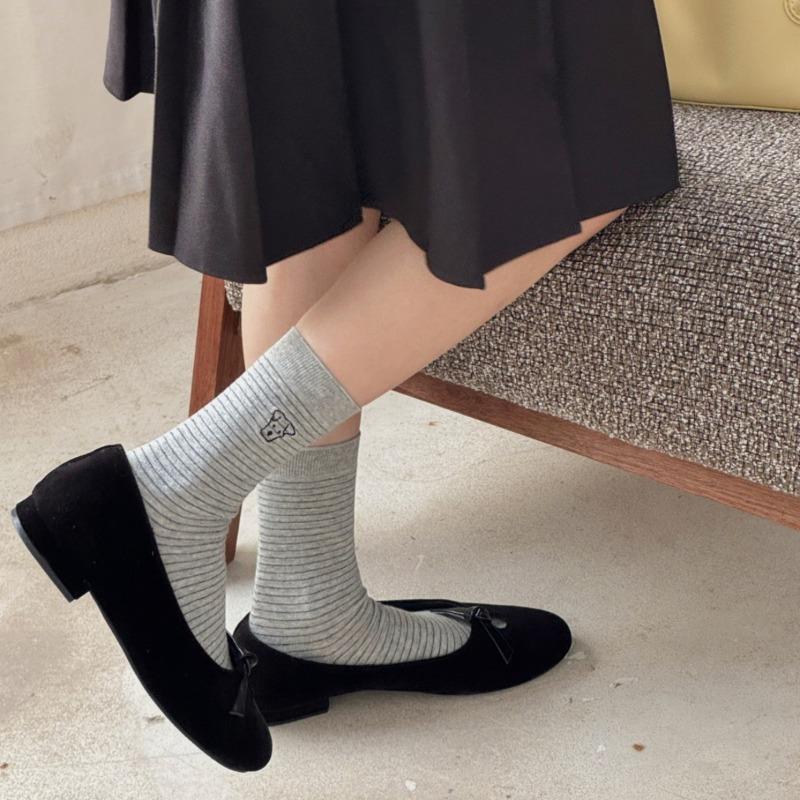 Little Dog Embroidered Striped Socks for Women, All-season School Style Versatile Mid-calf Socks