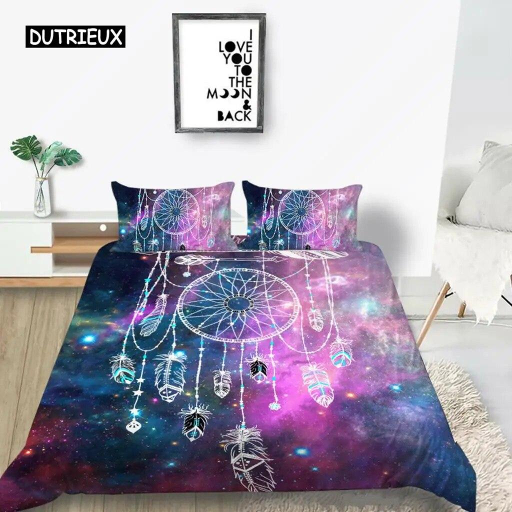 Dream Catcher Duvet Cover Set Kids Bohemian Mandala Boho Chic Feather Bedding Set Full Size Tie Dye Purple Polyester Duvet Cover three-piece set