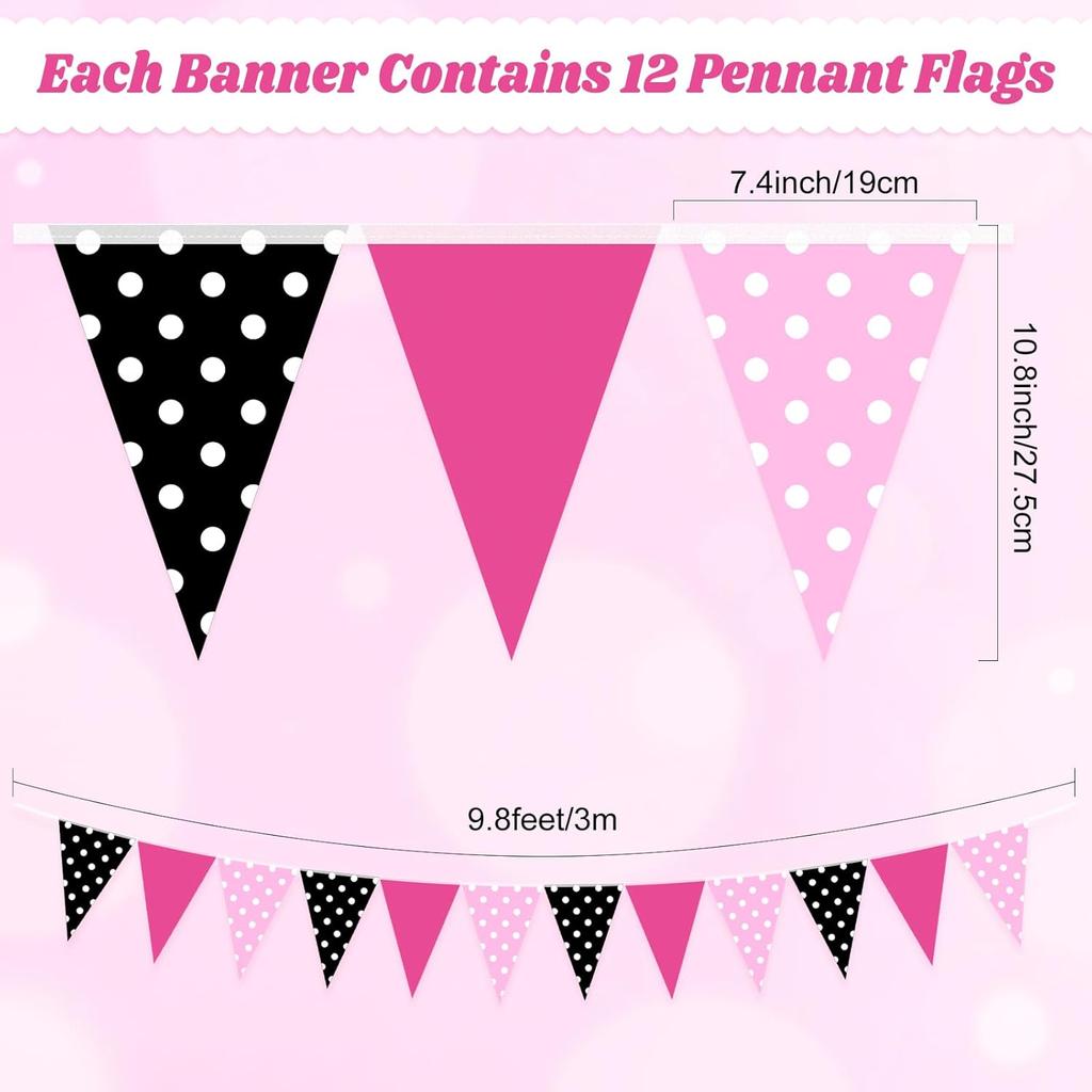 Faccito 60 Pcs Mouse Color Banner Decorations 49 ft Rose Hot Pink and Black Pennant Flag Banner Mouse Theme Paper Triangle Bunting Decor for Outdoor