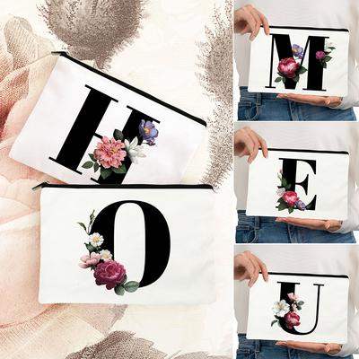 Bolsas de maquillaje con estampado de alfabeto ABC en negro, organizador de flores, neceser para mujer, neceser de viaje para cosméticos, neceser para maquillaje, neceser para baño, bolsas de almacenamiento