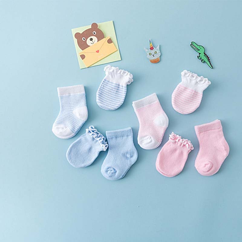 Newborn Anti Scratch Cotton Soft Baby Socks Gloves Sets Solid Color Boys Girls Mittens Suits 2 pair