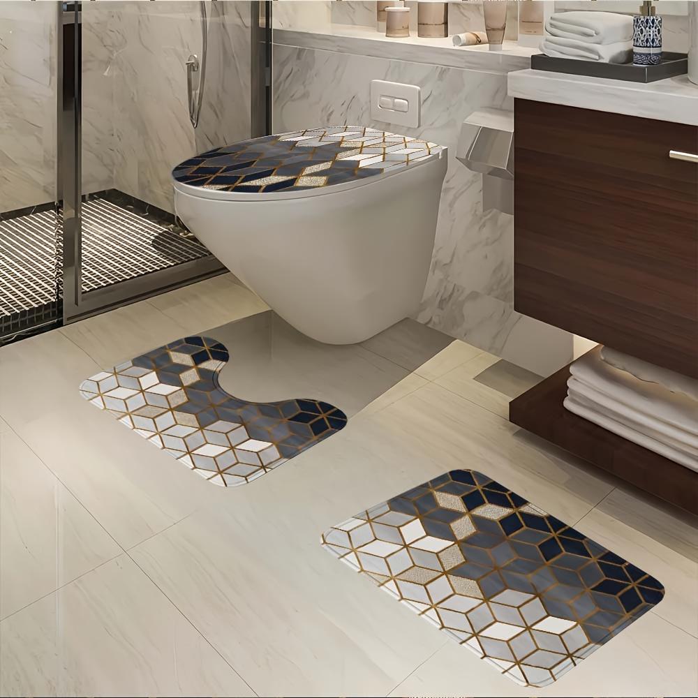 4-teiliges Duschvorhang-Set mit geometrischem Patchwork-Muster, Anti-Rutsch-Badezimmerteppich, Toilettendeckelbezug, Kontur-Teppich & 12 Haken, Badezimmer-Dekoration