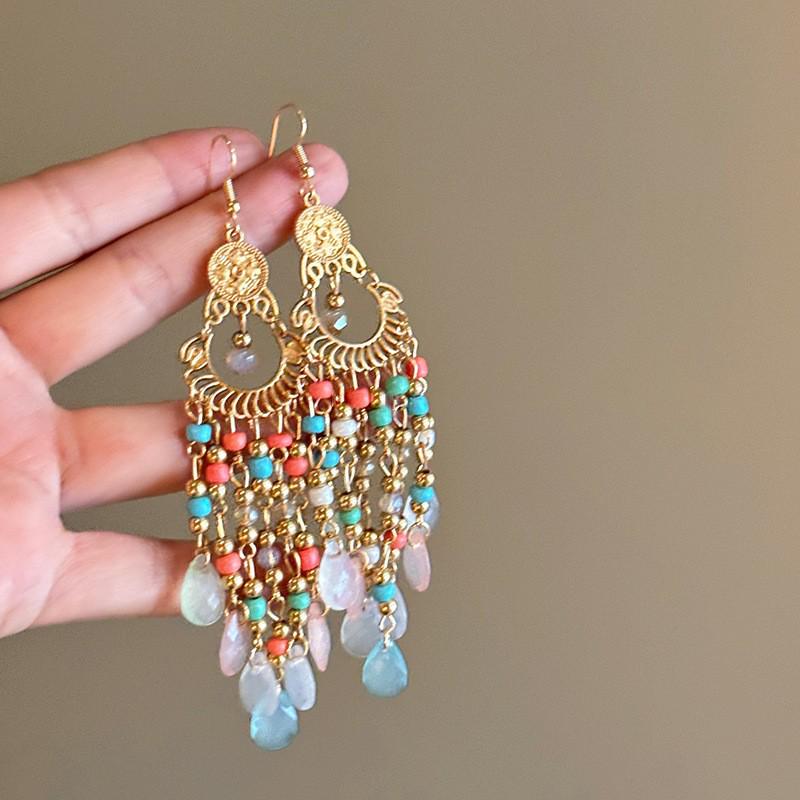 Bohemian Feather Seed Bead Tassel Earrings - Retro Ethnic Dangle Jewelry