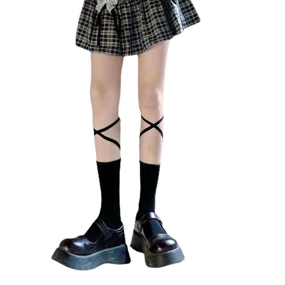 Spring And Autumn Tide Niche Design Cross Calf Tie Black Medium Tube Women'S Summer Cotton Long Socks Strong Pressure Thin Leg Socks