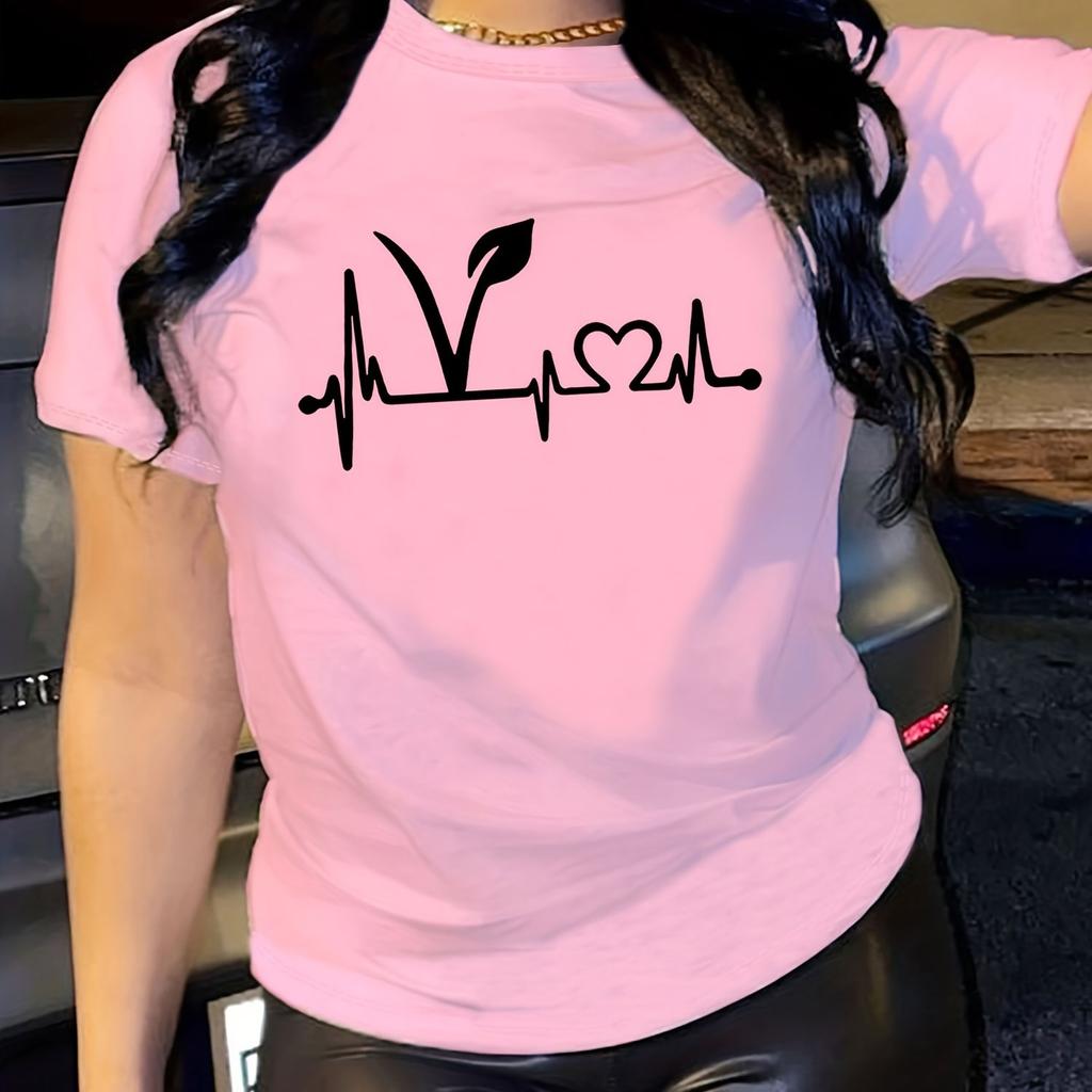 Plant Print Short Sleeve T-Shirt, Crew Neck Casual Top For Summer & Spring, Women's Clothing