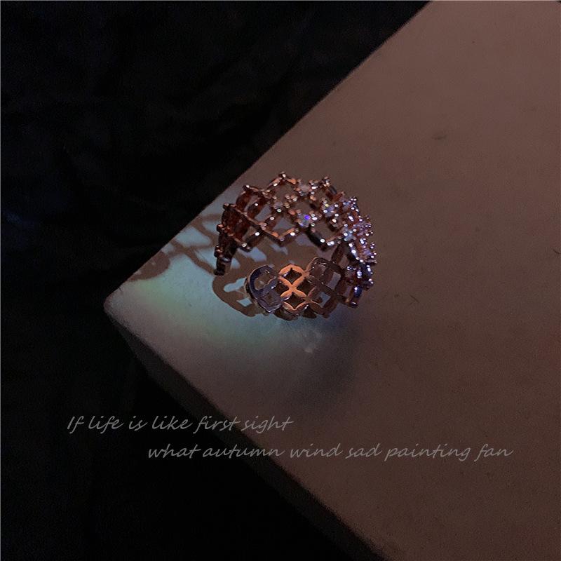 Internet celebrities ins personalized mesh ring female, new trendy cold wind open ring zircon ring adjustable open ring
