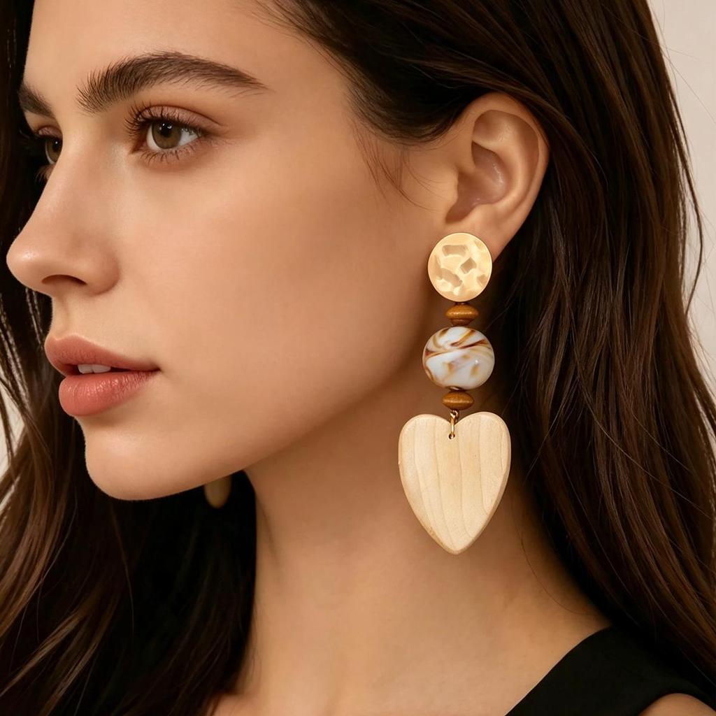 Melard Retro Artistic Heart Dangle Earrings – Handmade Patchwork Faux Wood Design for Women