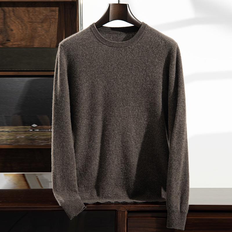 Men's Thick Warm Cashmere Sweater - Solid Color Round Neck Loose Fit