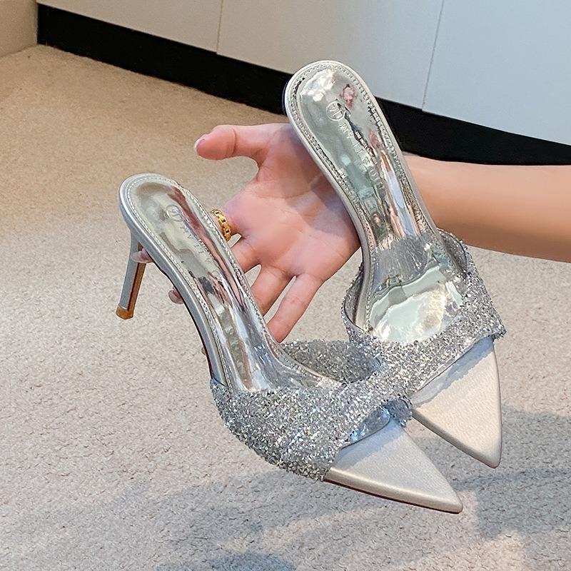 Neue Sommer silber-graue Strass feine Glitzer Pantoletten offene Zehen tragen spitze Stiletto High Heels