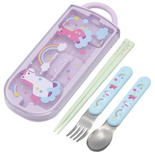 Skater Kids' Bento Trio Set, Chopsticks, Spoon, and Fork, Kids' Cutlery, Antibacterial, Easy-Open Slide-Open Design, Made In Japan, Little Unicorn Des