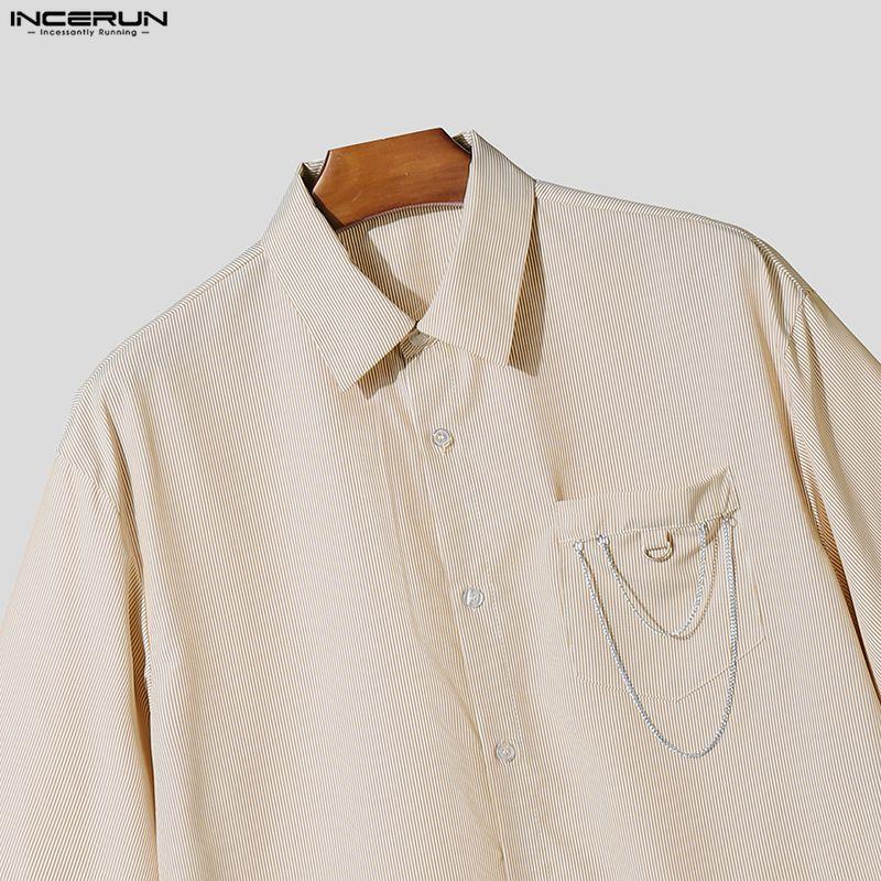 INCERUN Summer Men Short Sleeve Chain Decoration Striped Loose Casual Tassel Shirts Tops