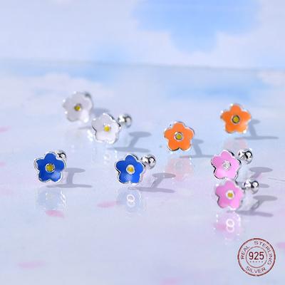 925 Sterling Silver Color Flower Stud Earrings for Girls Cute Plant Ear Bone Nail Screw Child Earring Ladies Piercing Jewelry