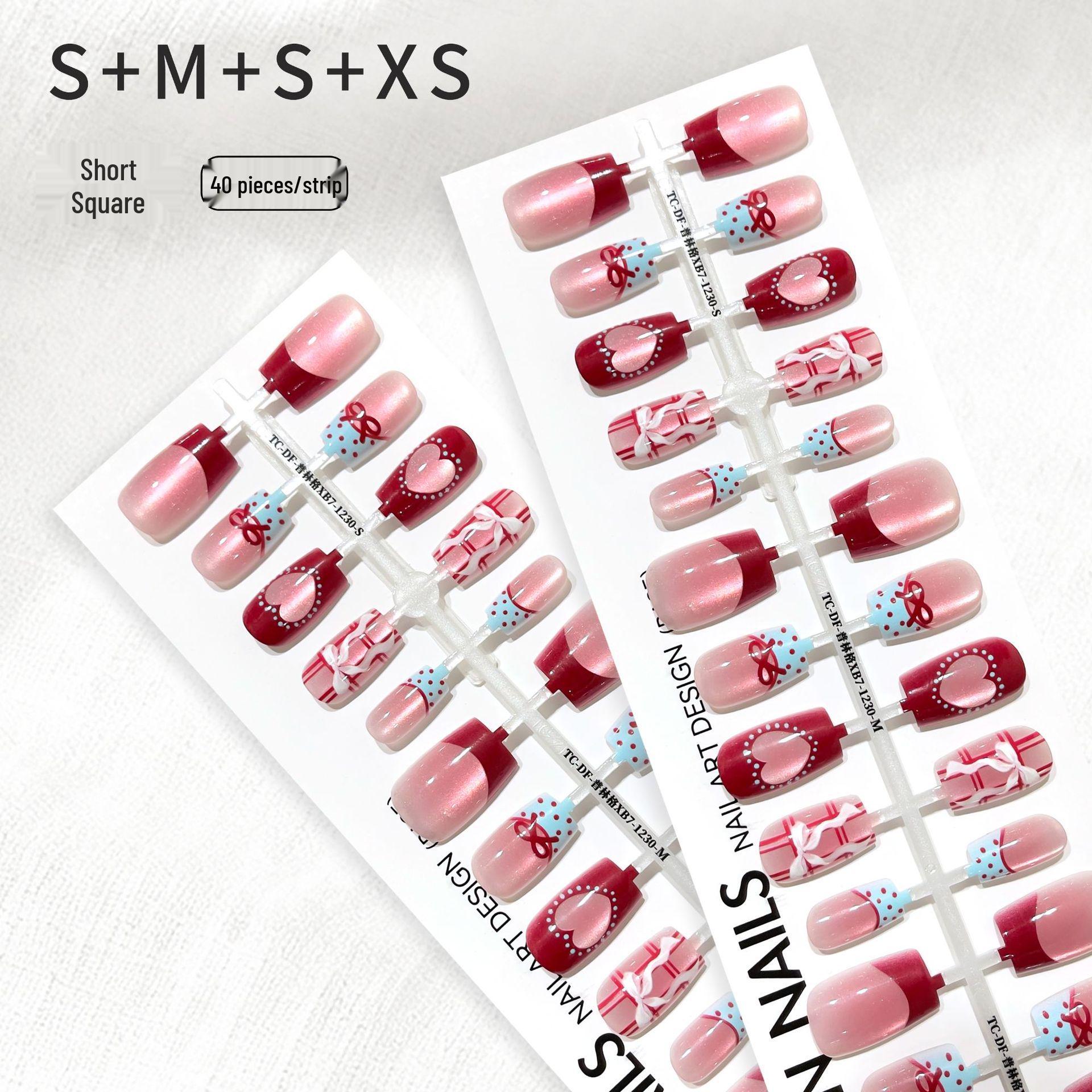 Flashy Cat Eye Press-On Nails: Chinese French Style Heart Short Detachable False Nails M/10 pieces/No toolkit