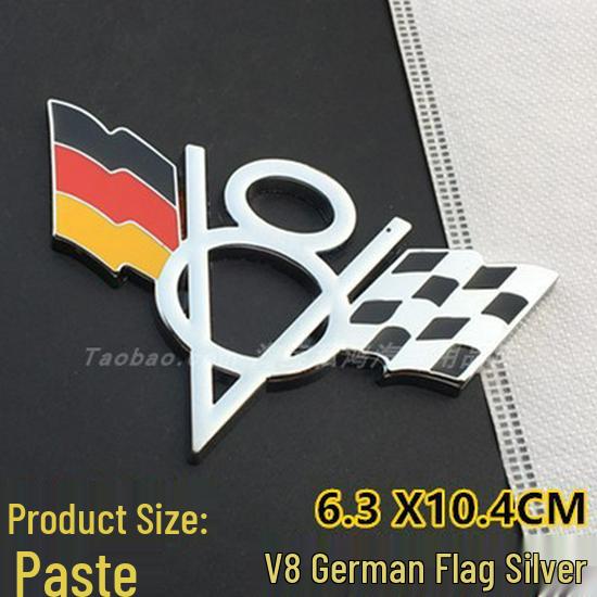 V8 Metal Car Decals for Chevrolet, Dodge, Jeep Tailgates - Includes American, German, British Flags