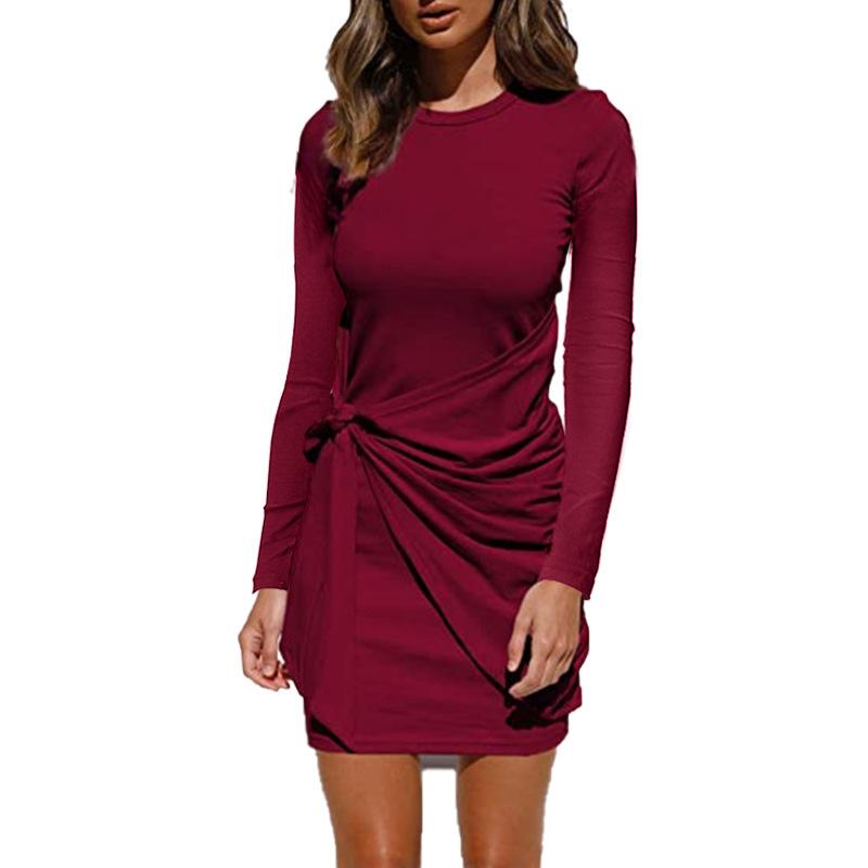 GMXIA Women's Fashion Autumn Winter Solid Color Print Long Sleeve O-Neck High Waist Casual Dresses
