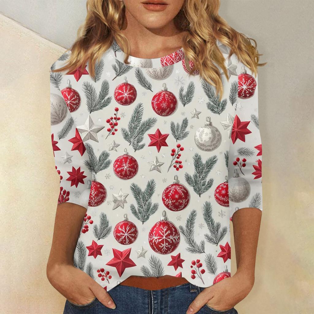 3/4 Sleeve Shirts For Women Print Christmas Tees Blouses Casual Plus Size Basic Tops Pullover