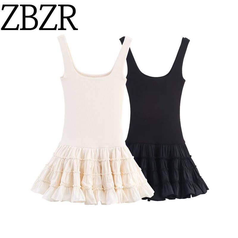 Zbzr Spring New Women Clothes Western Style All-Match Fluffy Patchwork Square Collar Sling Dress 4174801